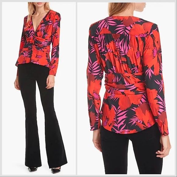 Veronica Beard Red Black Pevero Floral Stretch Pevero Floral Stretch Silk Top 2 - Picture 1 of 13